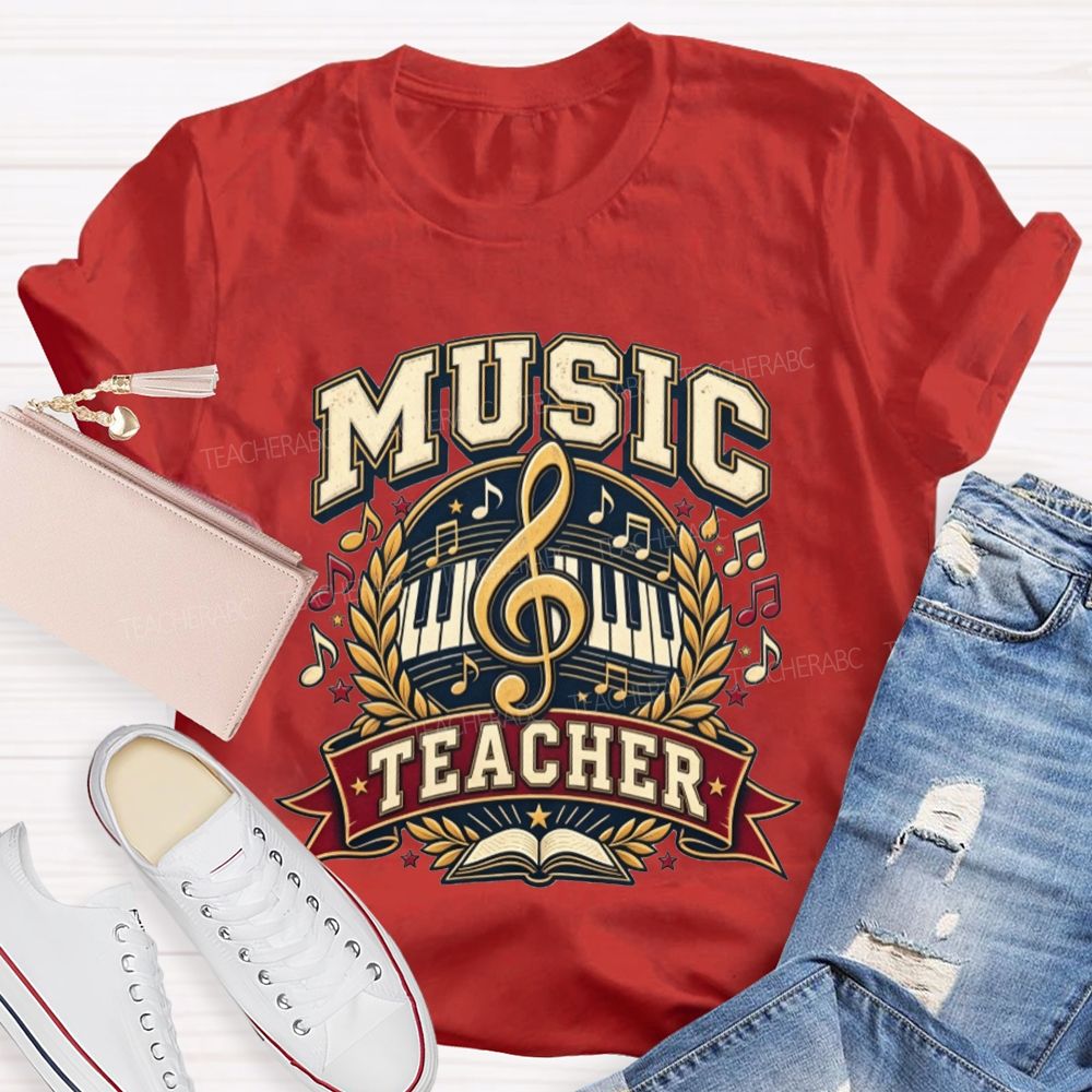 Music Teacher Treble Clef Piano Keys Laurel Wreath Teacher T-shirt
