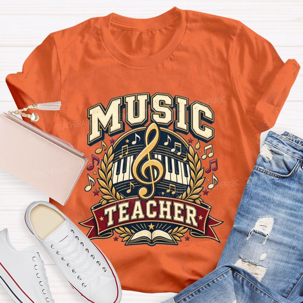 Music Teacher Treble Clef Piano Keys Laurel Wreath Teacher T-shirt