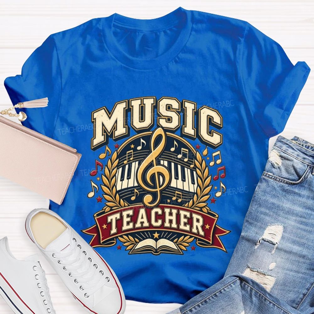 Music Teacher Treble Clef Piano Keys Laurel Wreath Teacher T-shirt