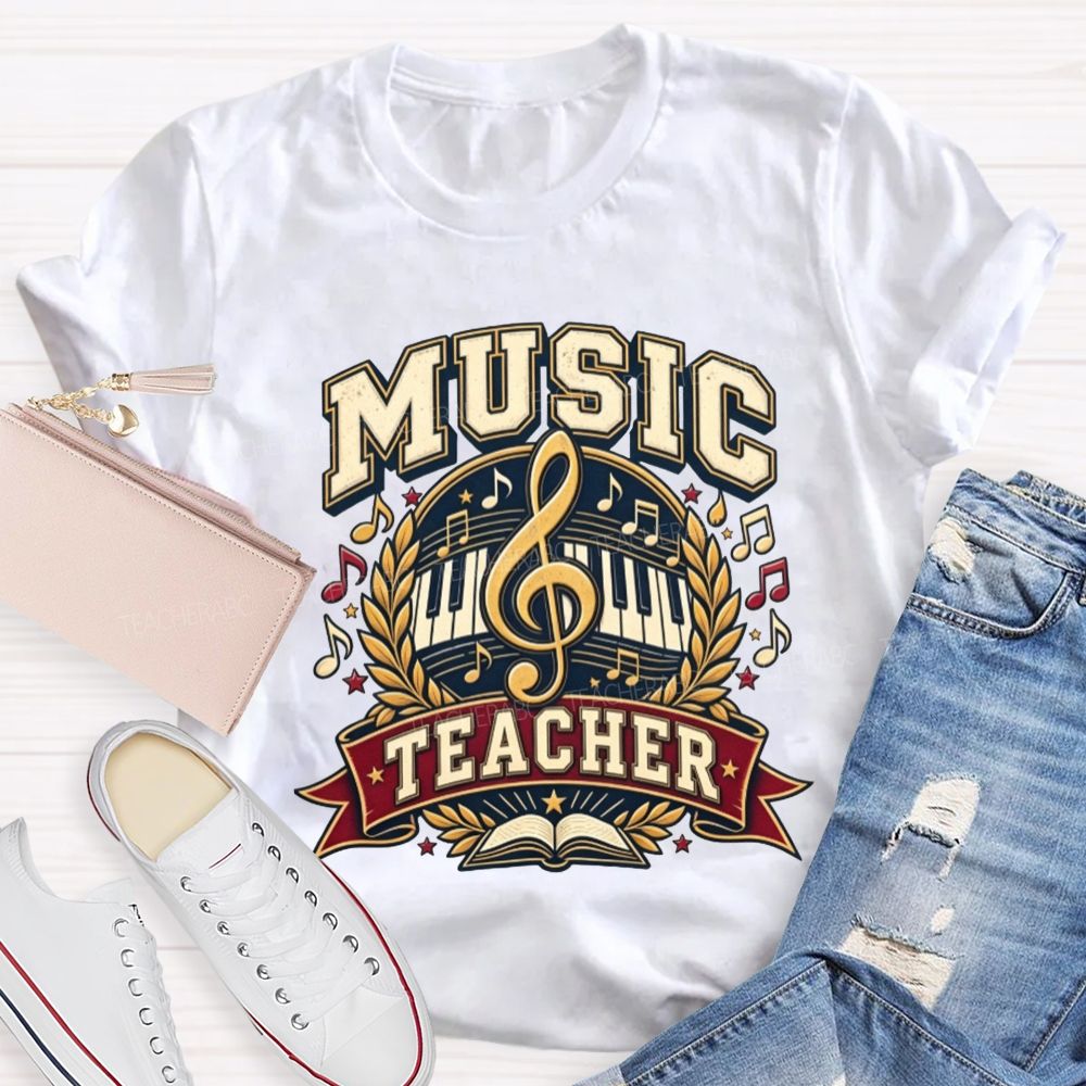 Music Teacher Treble Clef Piano Keys Laurel Wreath Teacher T-shirt