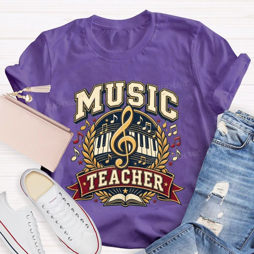 Music Teacher Treble Clef Piano Keys Laurel Wreath Teacher T-shirt