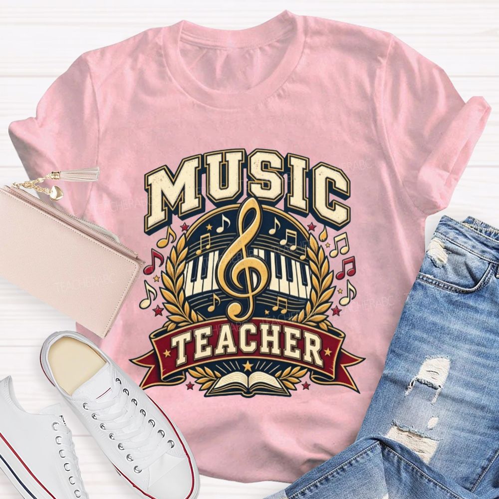 Music Teacher Treble Clef Piano Keys Laurel Wreath Teacher T-shirt