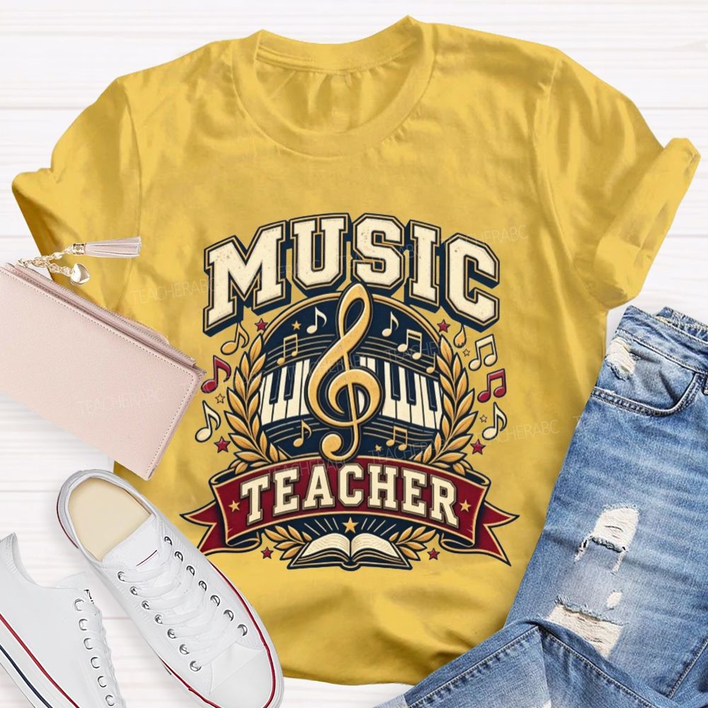 Music Teacher Treble Clef Piano Keys Laurel Wreath Teacher T-shirt