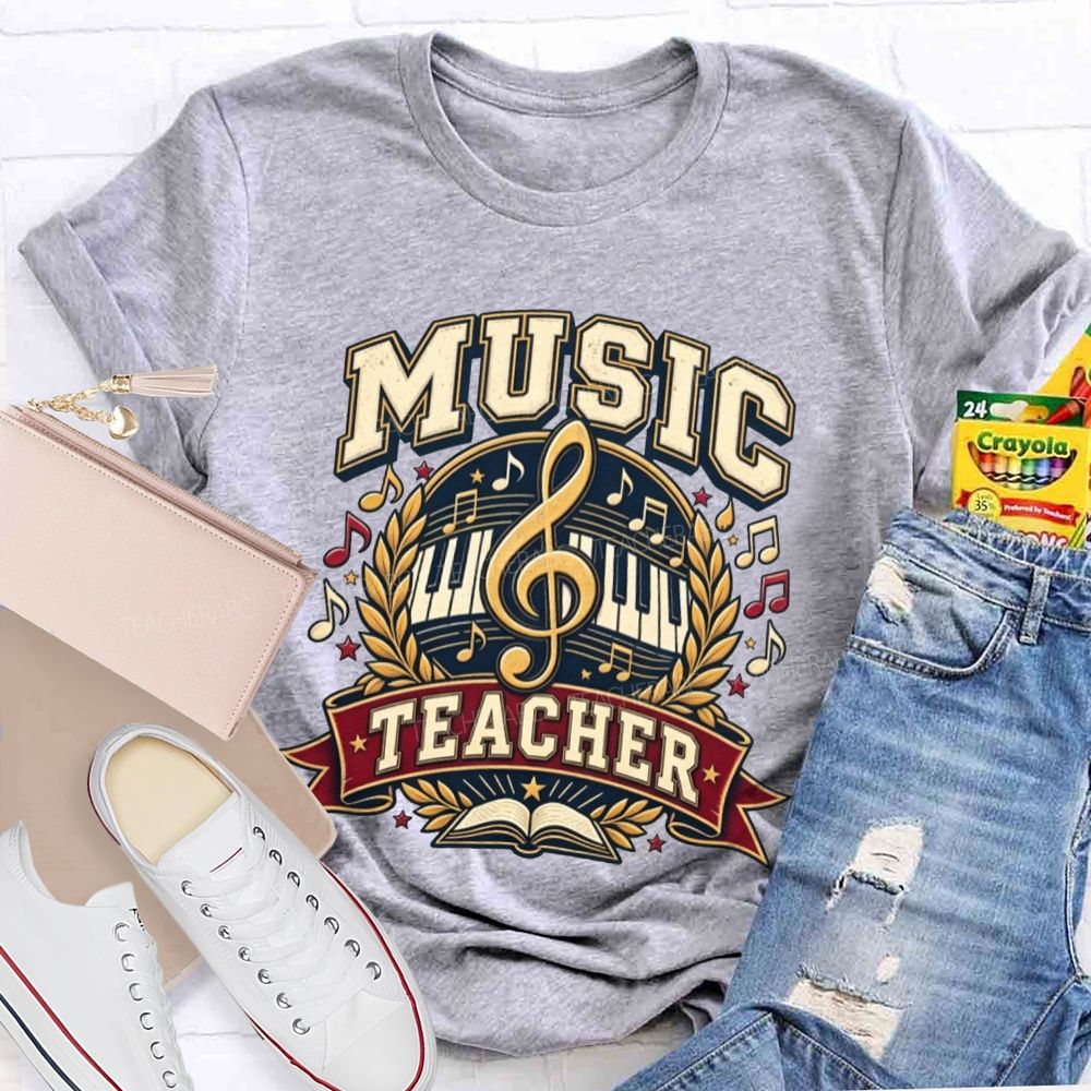 Music Teacher Treble Clef Piano Keys Laurel Wreath Teacher T-shirt