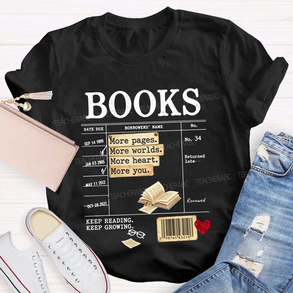 Library Book Card More Pages More Worlds Librarian Reading Teacher T-shirt