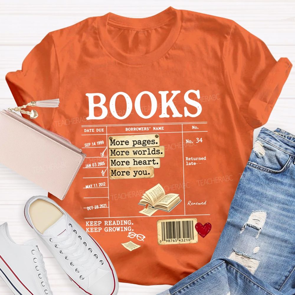 Library Book Card More Pages More Worlds Librarian Reading Teacher T-shirt