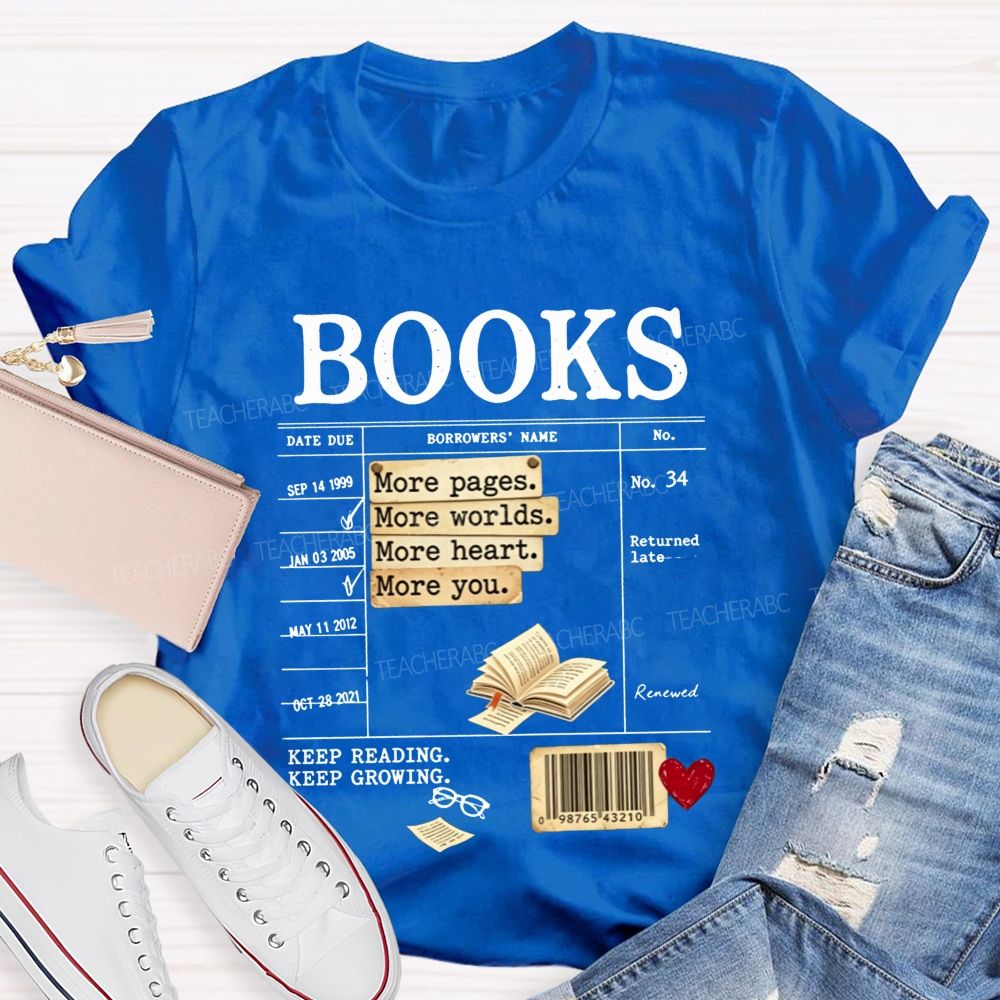 Library Book Card More Pages More Worlds Librarian Reading Teacher T-shirt