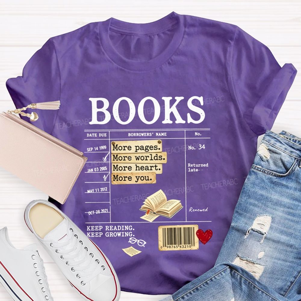 Library Book Card More Pages More Worlds Librarian Reading Teacher T-shirt