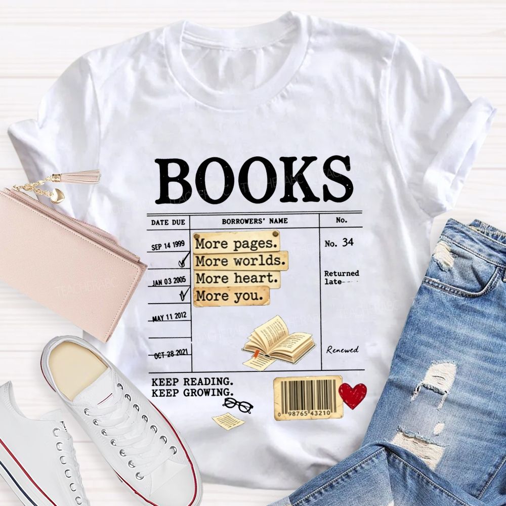 Library Book Card More Pages More Worlds Librarian Reading Teacher T-shirt