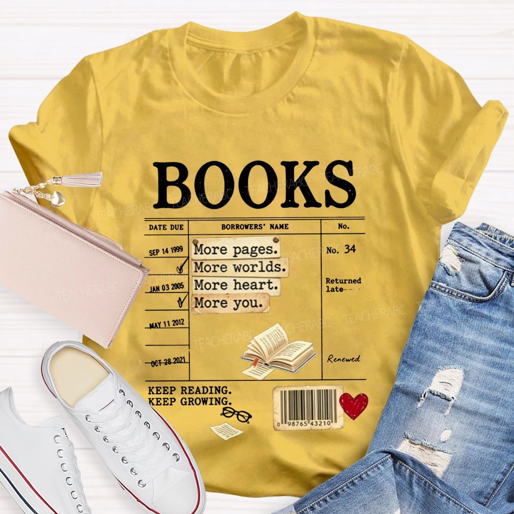Library Book Card More Pages More Worlds Librarian Reading Teacher T-shirt