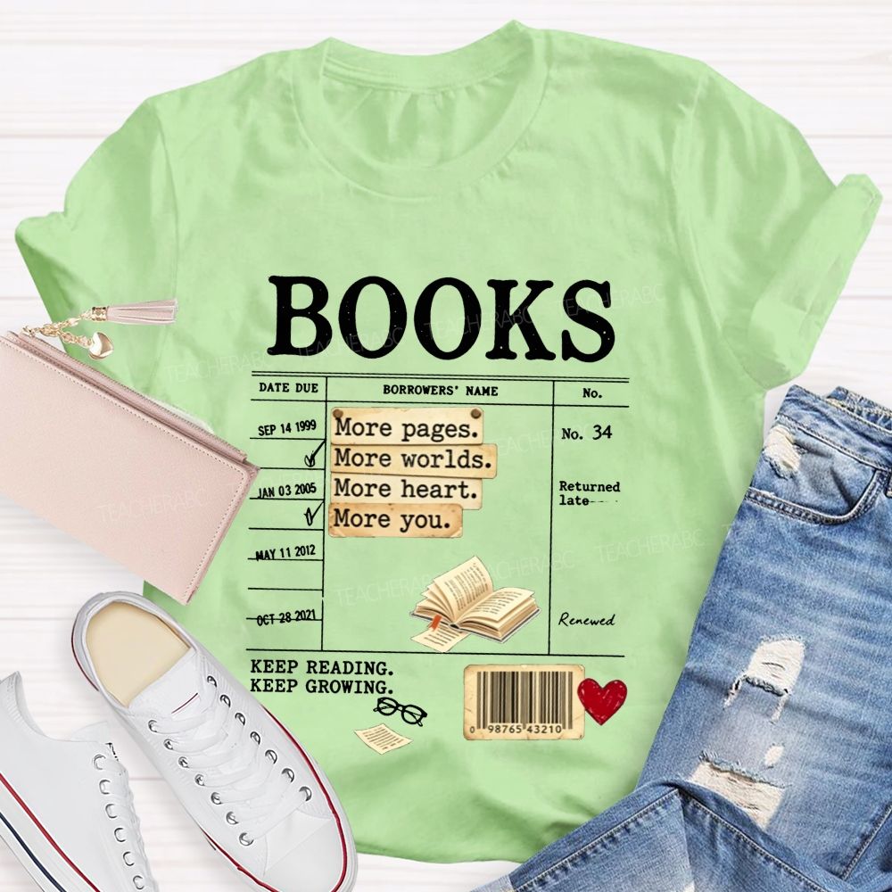Library Book Card More Pages More Worlds Librarian Reading Teacher T-shirt