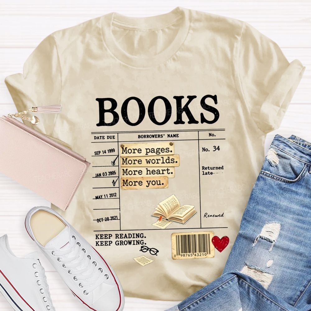 Library Book Card More Pages More Worlds Librarian Reading Teacher T-shirt