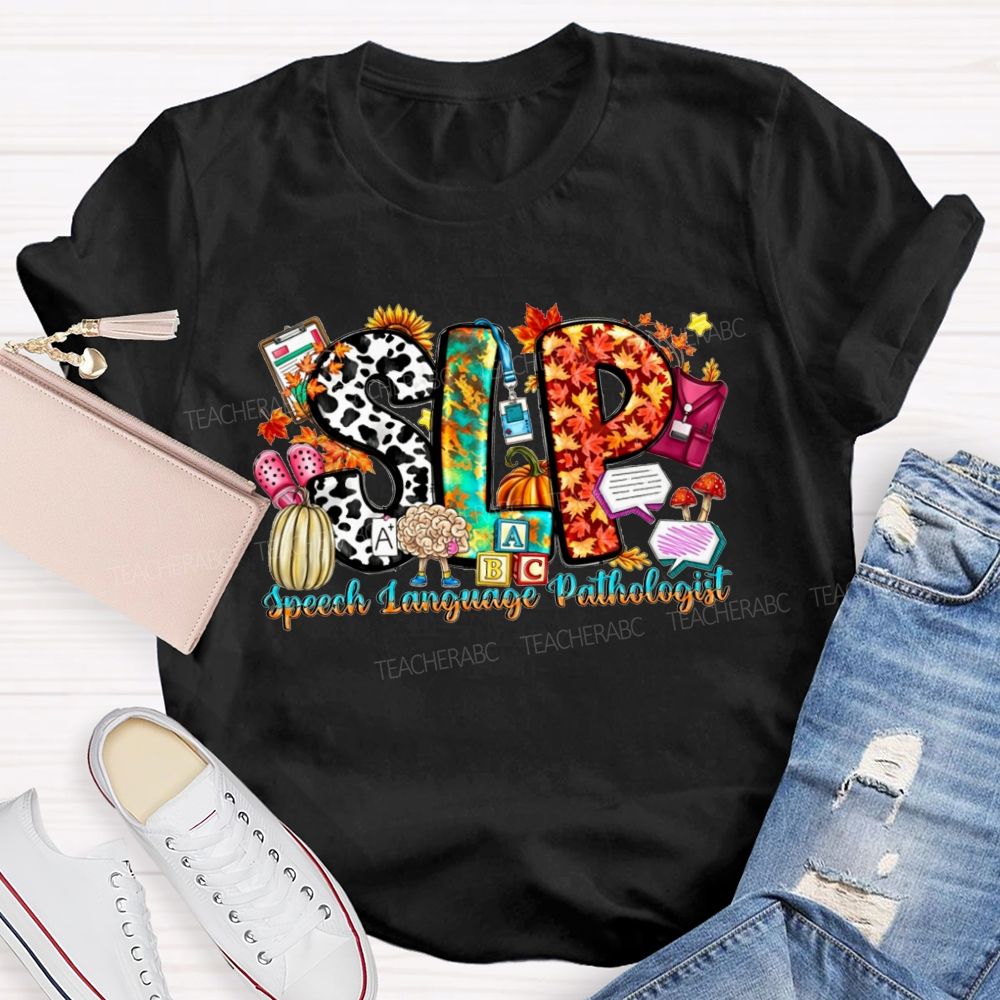 Fall SLP Speech Language Pathologist Pumpkin Maple Leaf Cow Teacher T-shirt