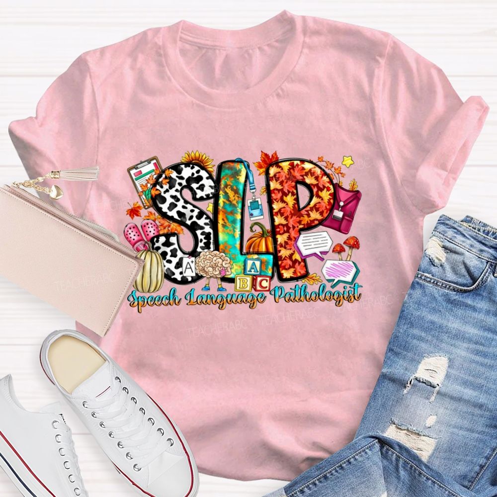 Fall SLP Speech Language Pathologist Pumpkin Maple Leaf Cow Teacher T-shirt