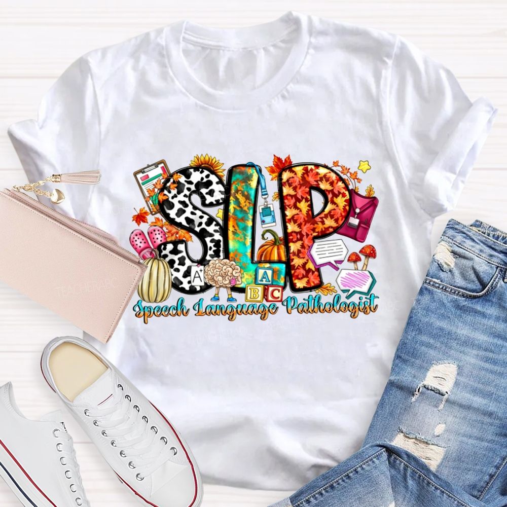 Fall SLP Speech Language Pathologist Pumpkin Maple Leaf Cow Teacher T-shirt