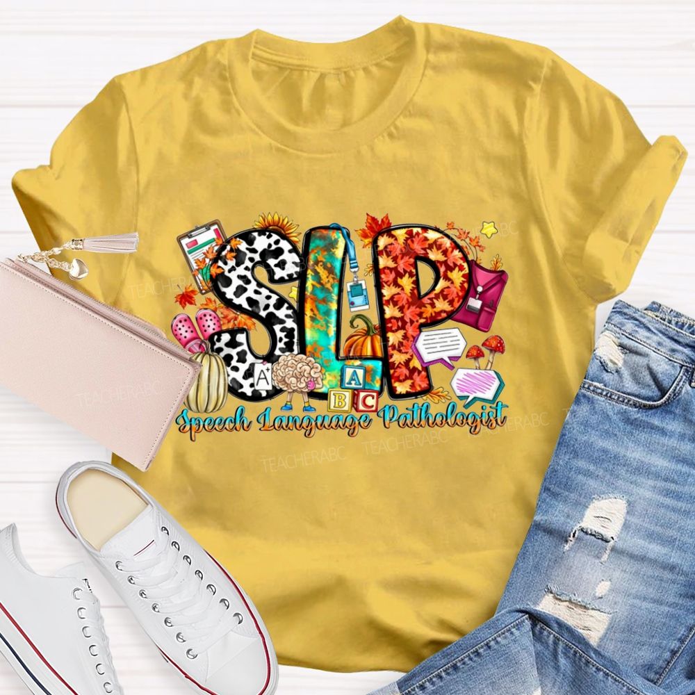 Fall SLP Speech Language Pathologist Pumpkin Maple Leaf Cow Teacher T-shirt