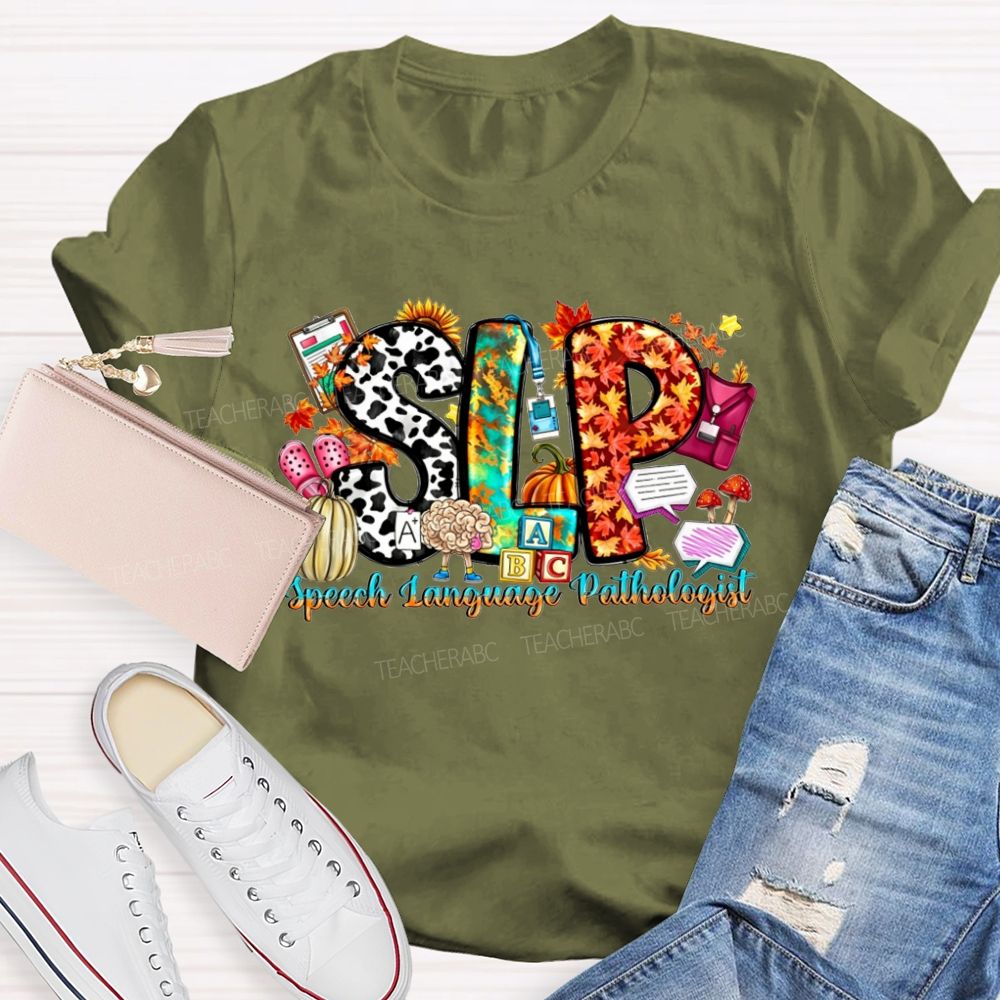 Fall SLP Speech Language Pathologist Pumpkin Maple Leaf Cow Teacher T-shirt