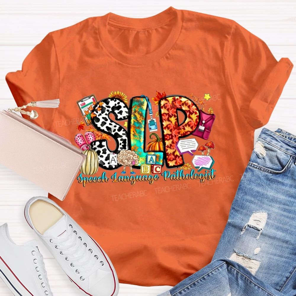 Fall SLP Speech Language Pathologist Pumpkin Maple Leaf Cow Teacher T-shirt