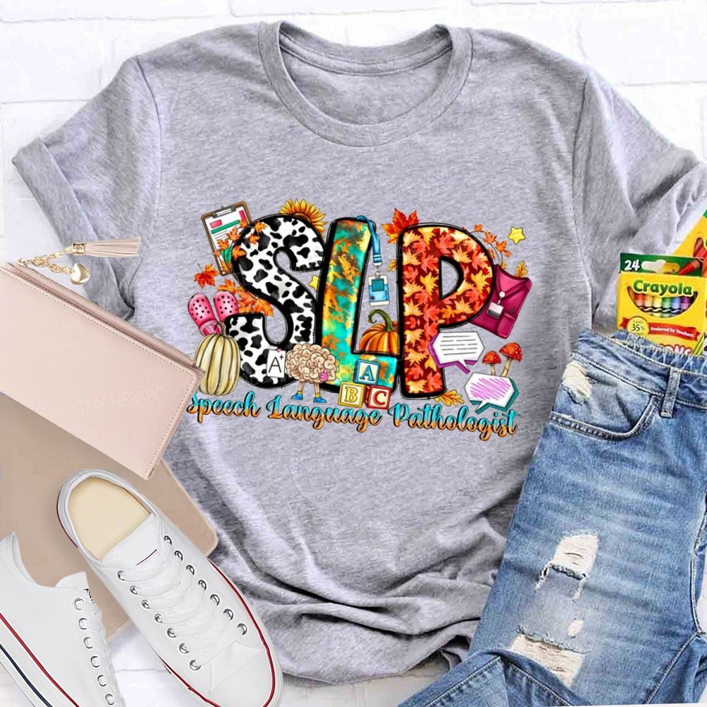 Fall SLP Speech Language Pathologist Pumpkin Maple Leaf Cow Teacher T-shirt