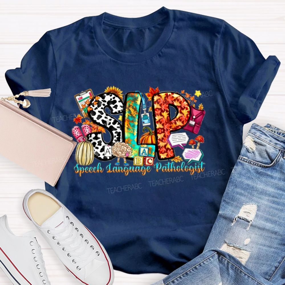 Fall SLP Speech Language Pathologist Pumpkin Maple Leaf Cow Teacher T-shirt