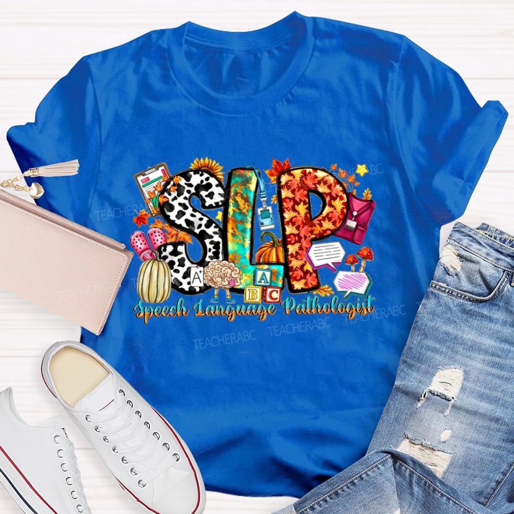 Fall SLP Speech Language Pathologist Pumpkin Maple Leaf Cow Teacher T-shirt