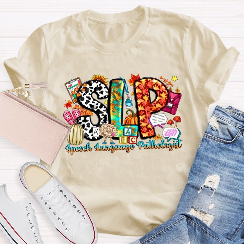 Fall SLP Speech Language Pathologist Pumpkin Maple Leaf Cow Teacher T-shirt