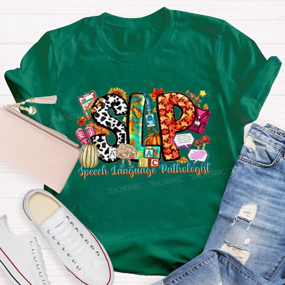 Fall SLP Speech Language Pathologist Pumpkin Maple Leaf Cow Teacher T-shirt
