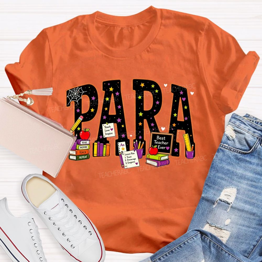 Halloween Para Paraprofessional School Supplies Apple Books Teacher T-shirt