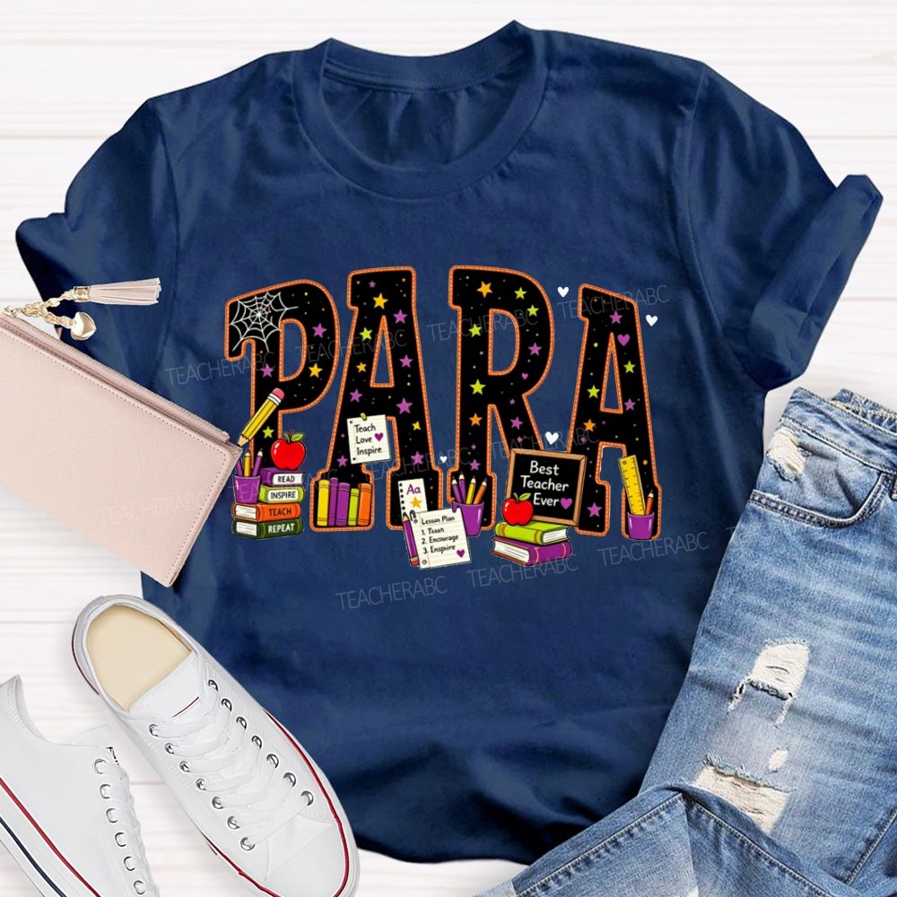 Halloween Para Paraprofessional School Supplies Apple Books Teacher T-shirt