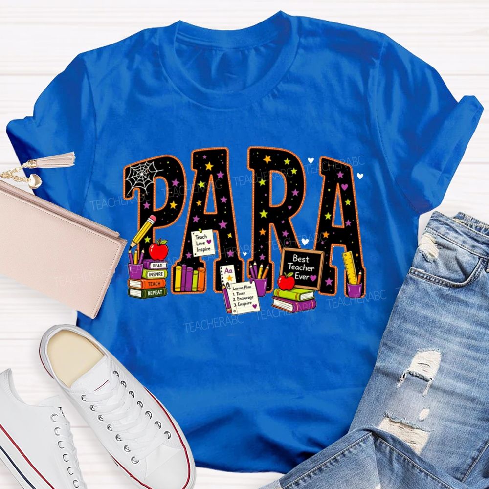 Halloween Para Paraprofessional School Supplies Apple Books Teacher T-shirt