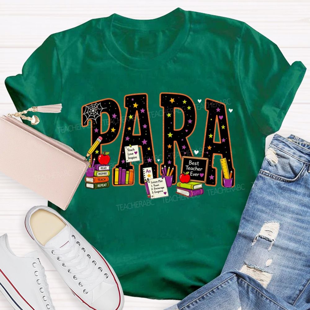 Halloween Para Paraprofessional School Supplies Apple Books Teacher T-shirt