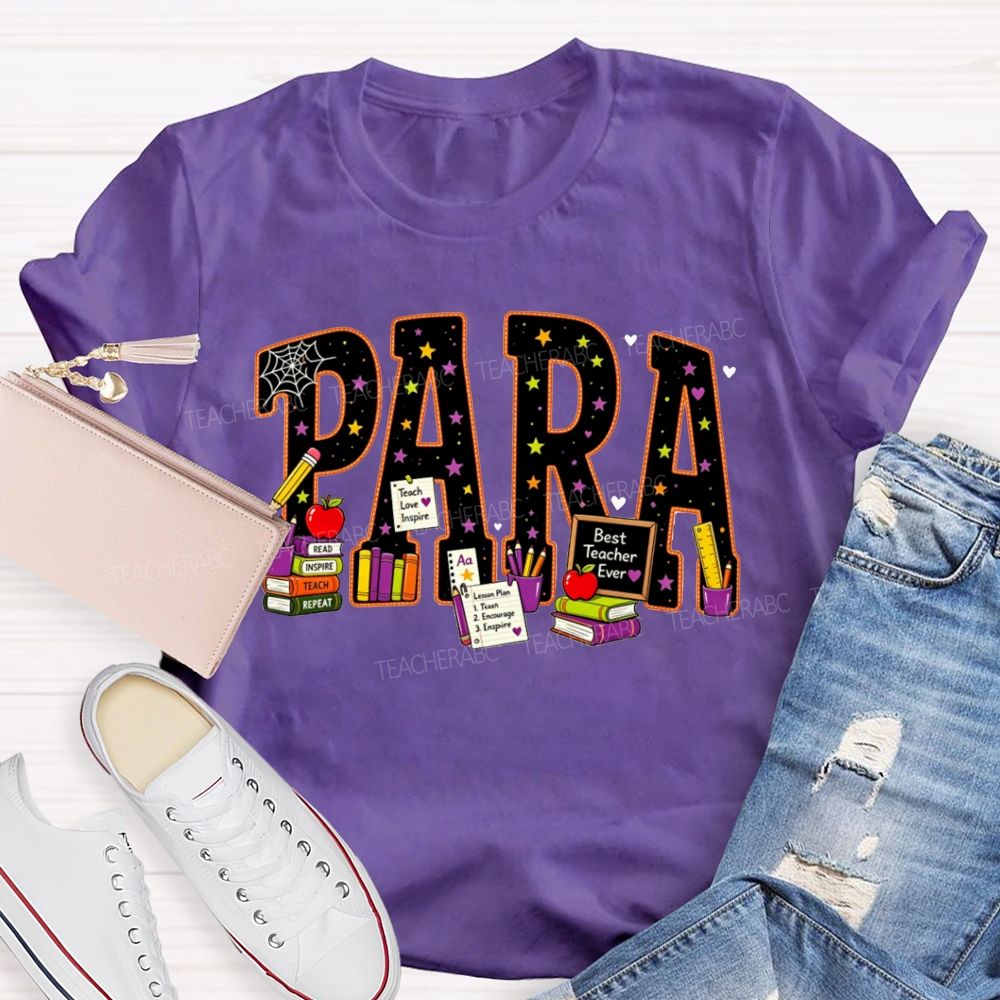 Halloween Para Paraprofessional School Supplies Apple Books Teacher T-shirt