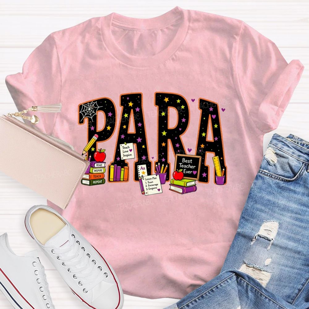 Halloween Para Paraprofessional School Supplies Apple Books Teacher T-shirt