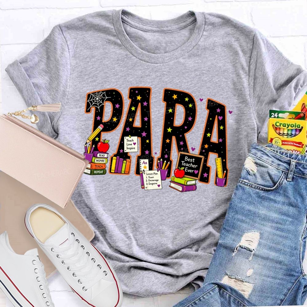 Halloween Para Paraprofessional School Supplies Apple Books Teacher T-shirt