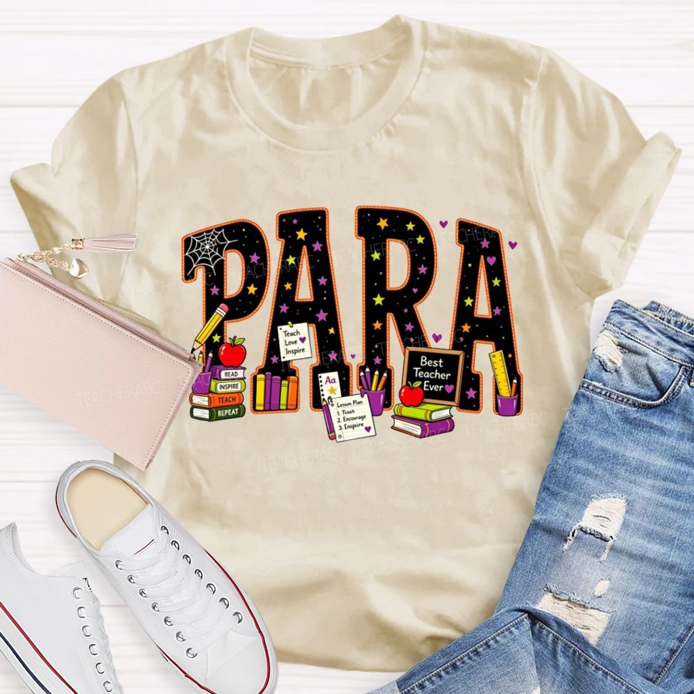 Halloween Para Paraprofessional School Supplies Apple Books Teacher T-shirt