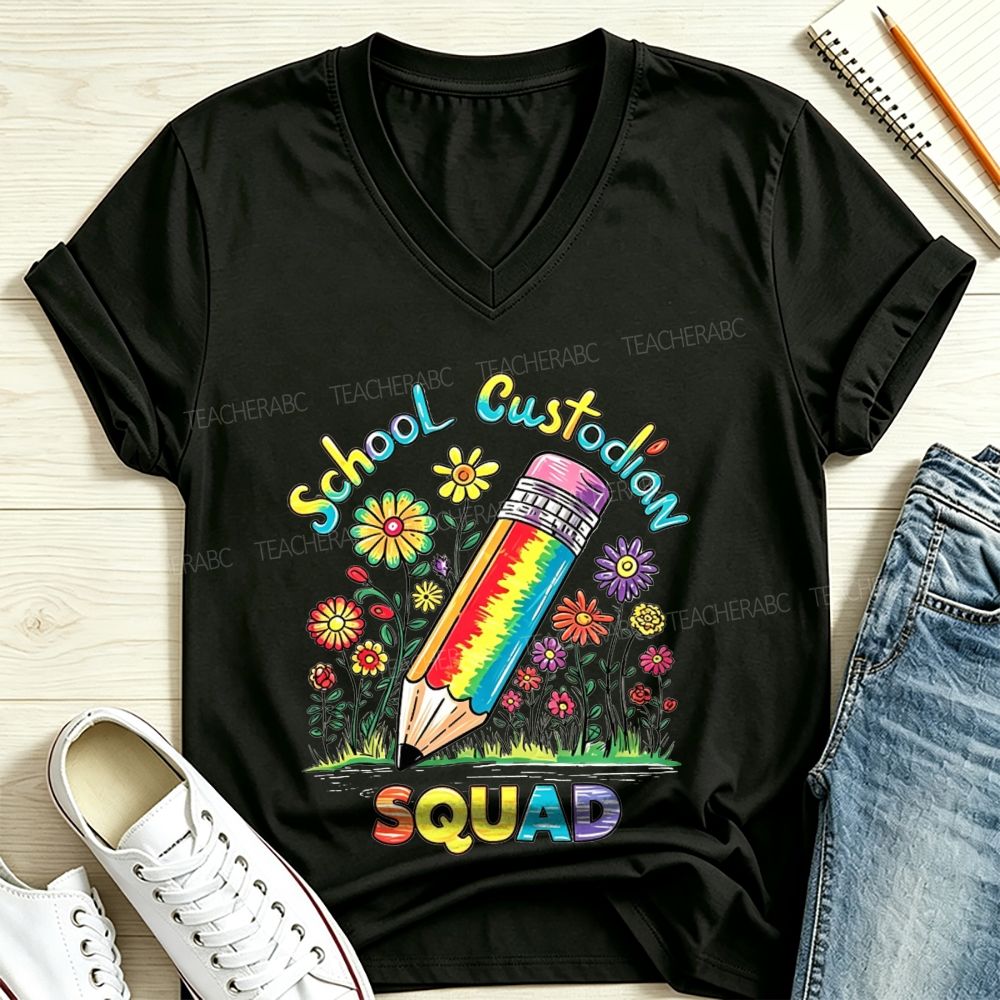 School Custodian Squad Rainbow Pencil Wildflowers V Neck T-shirt