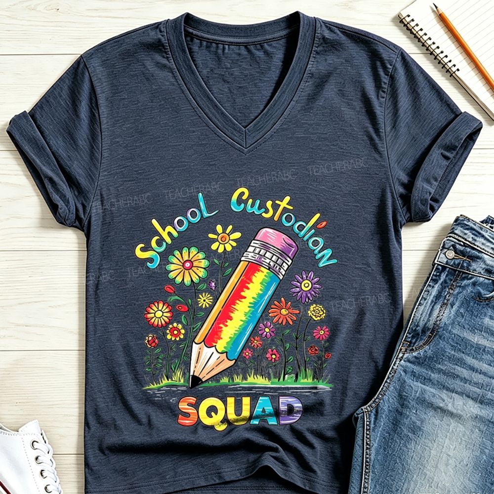 School Custodian Squad Rainbow Pencil Wildflowers V Neck T-shirt