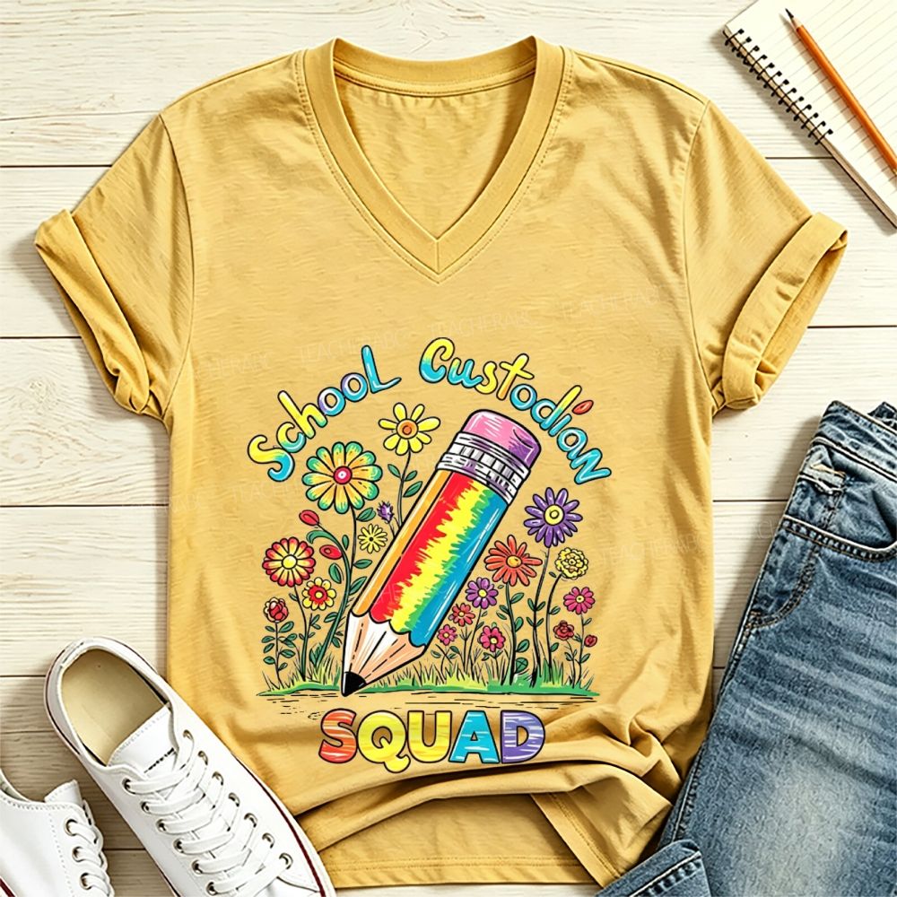 School Custodian Squad Rainbow Pencil Wildflowers V Neck T-shirt