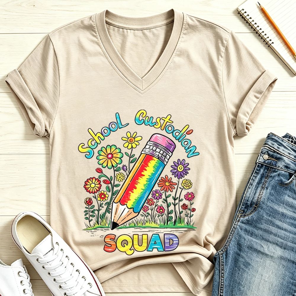 School Custodian Squad Rainbow Pencil Wildflowers V Neck T-shirt