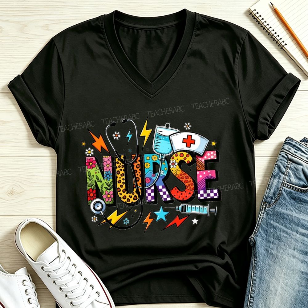 Nurse Colorful Doodle Lettering Stethoscope Syringe V Neck T-shirt