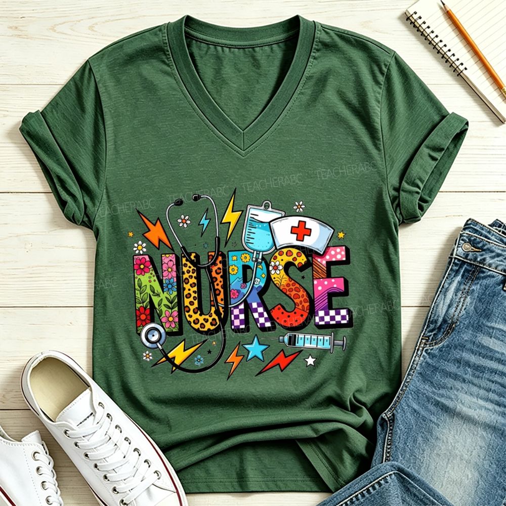 Nurse Colorful Doodle Lettering Stethoscope Syringe V Neck T-shirt