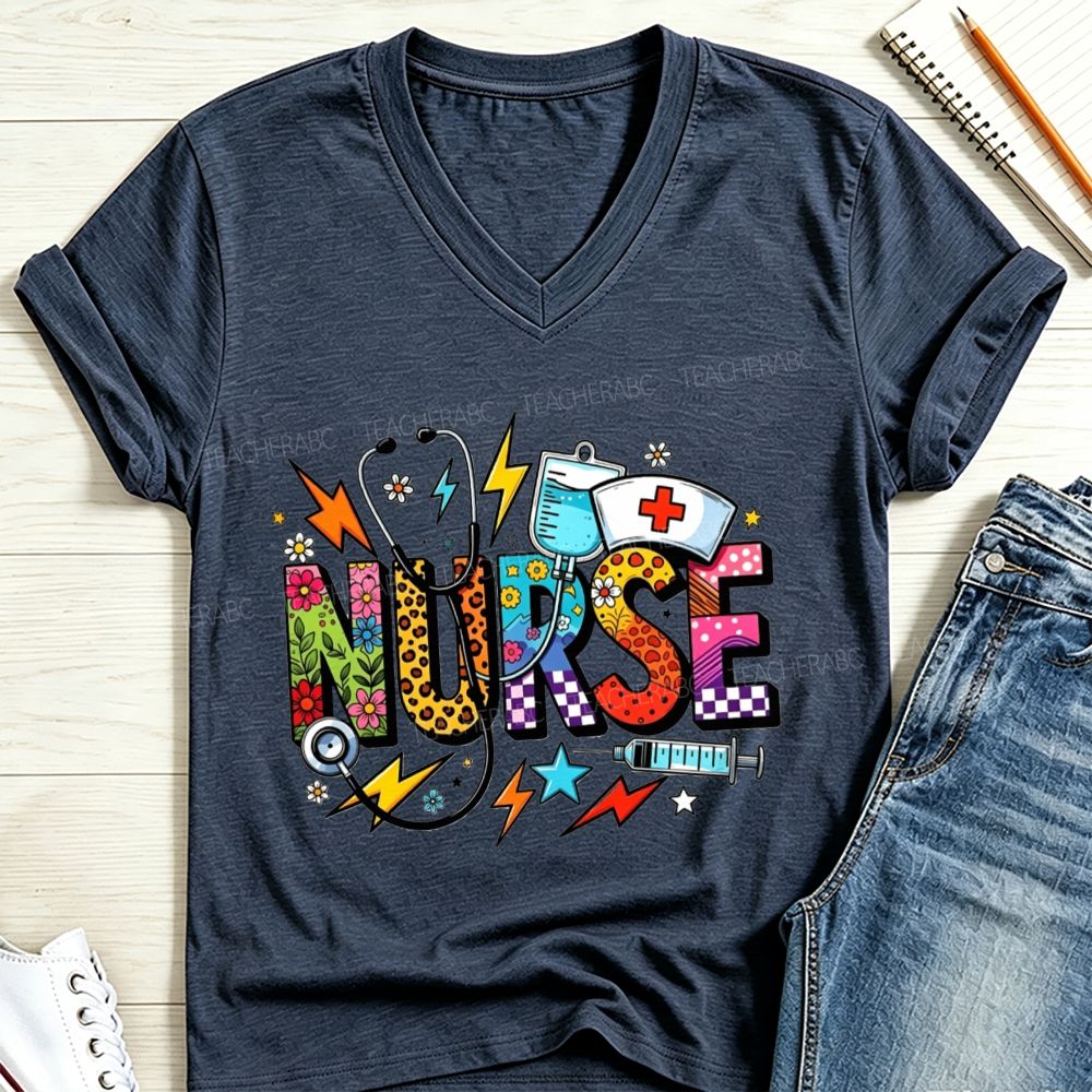 Nurse Colorful Doodle Lettering Stethoscope Syringe V Neck T-shirt