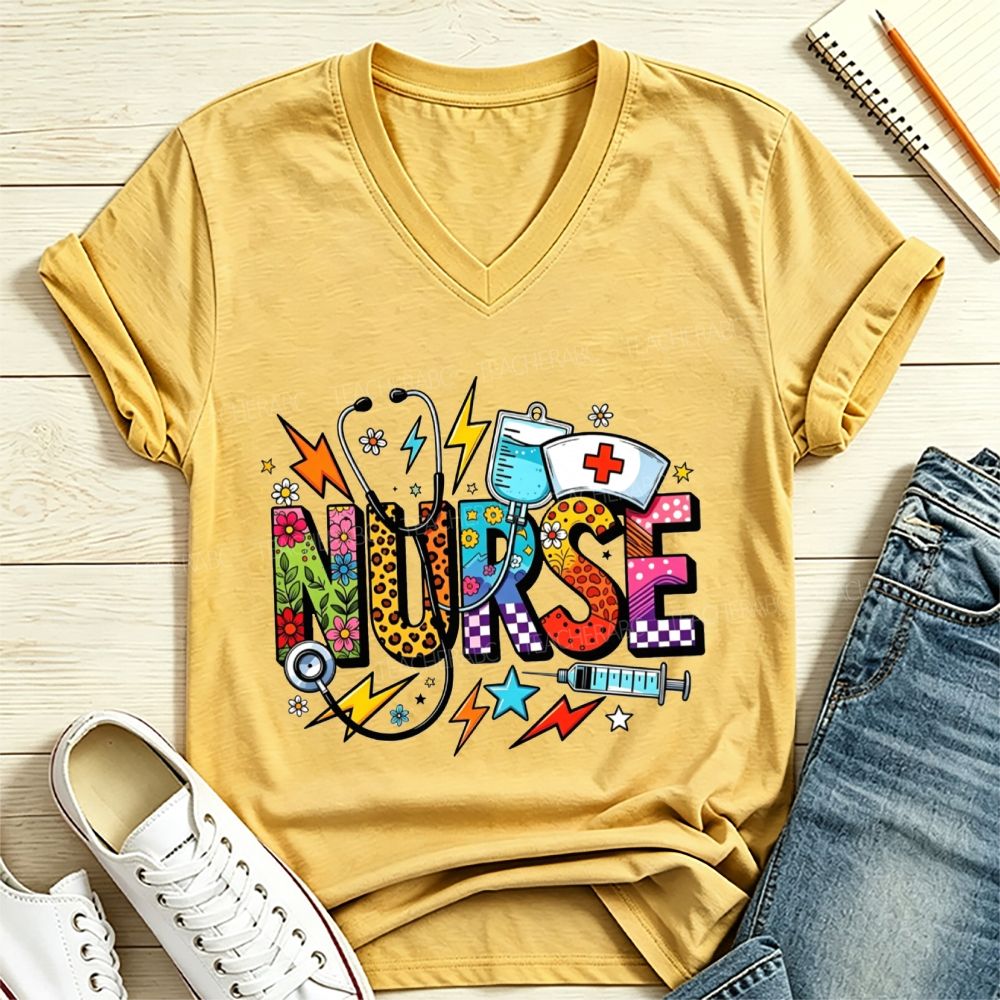 Nurse Colorful Doodle Lettering Stethoscope Syringe V Neck T-shirt