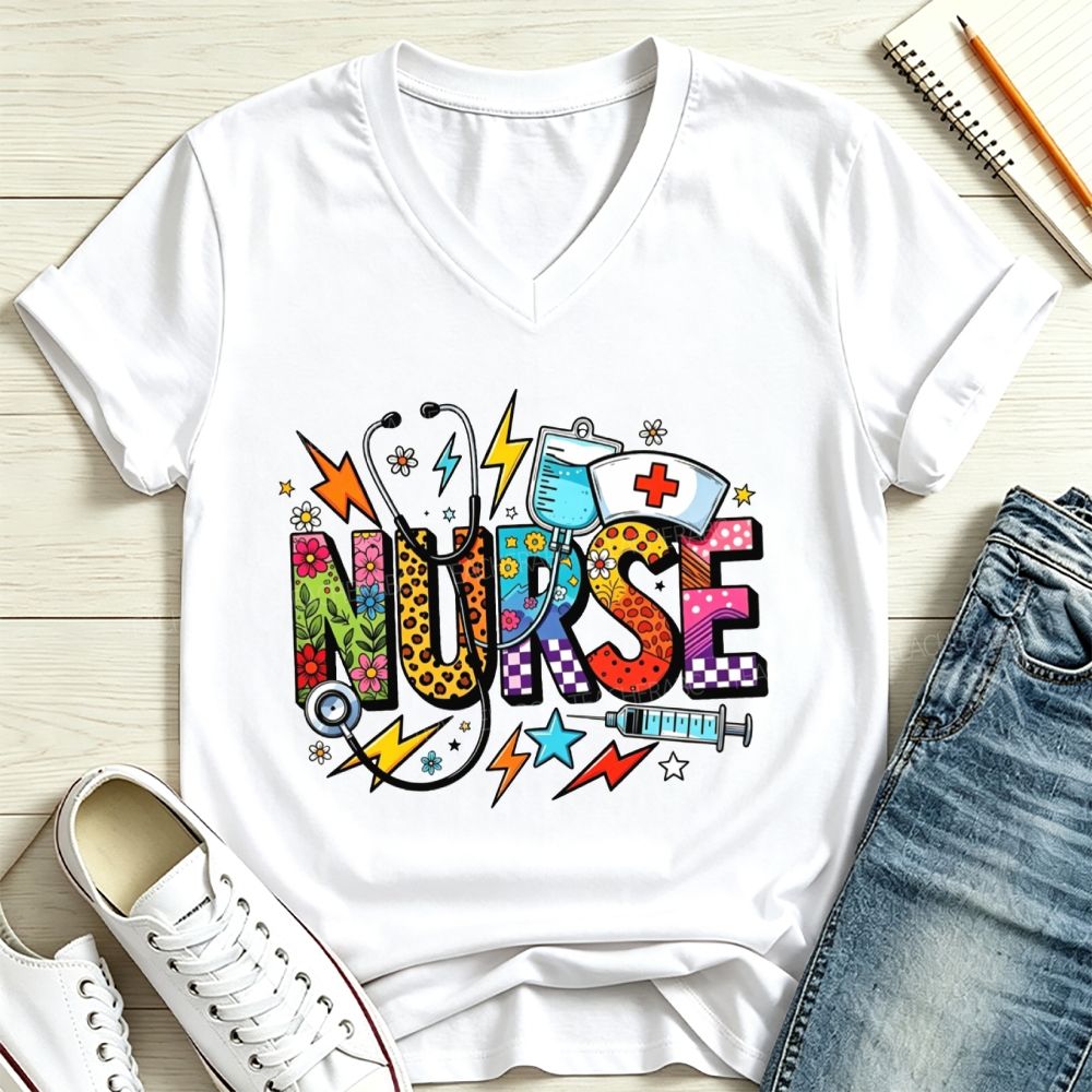 Nurse Colorful Doodle Lettering Stethoscope Syringe V Neck T-shirt