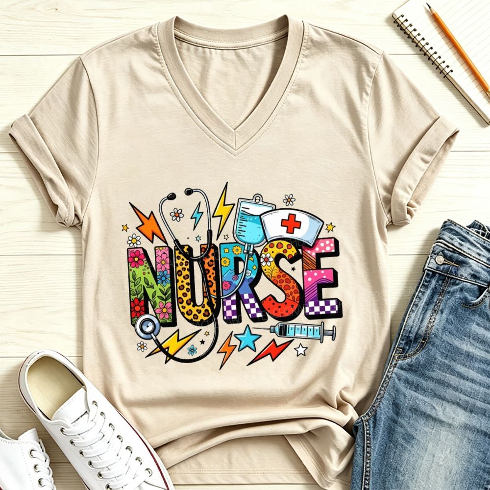 Nurse Colorful Doodle Lettering Stethoscope Syringe V Neck T-shirt