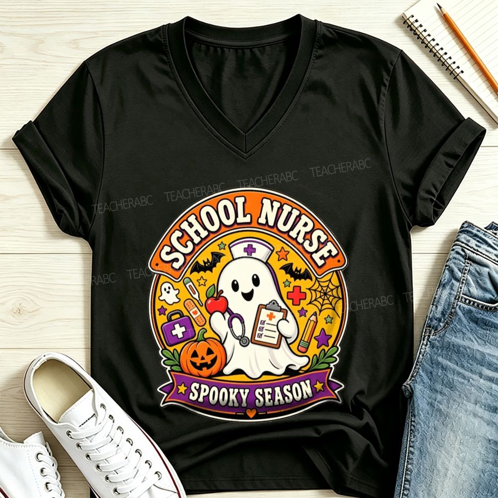 School Nurse Spooky Season Ghost Halloween V Neck T-shirt