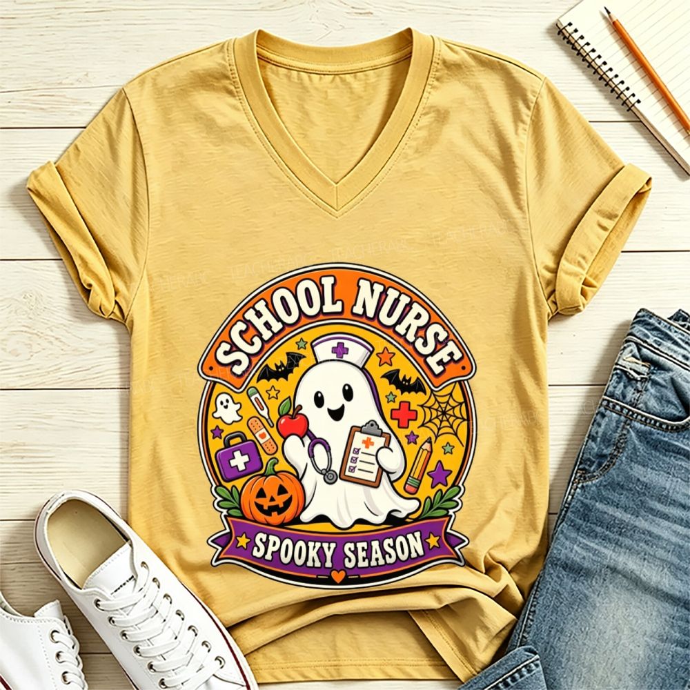 School Nurse Spooky Season Ghost Halloween V Neck T-shirt