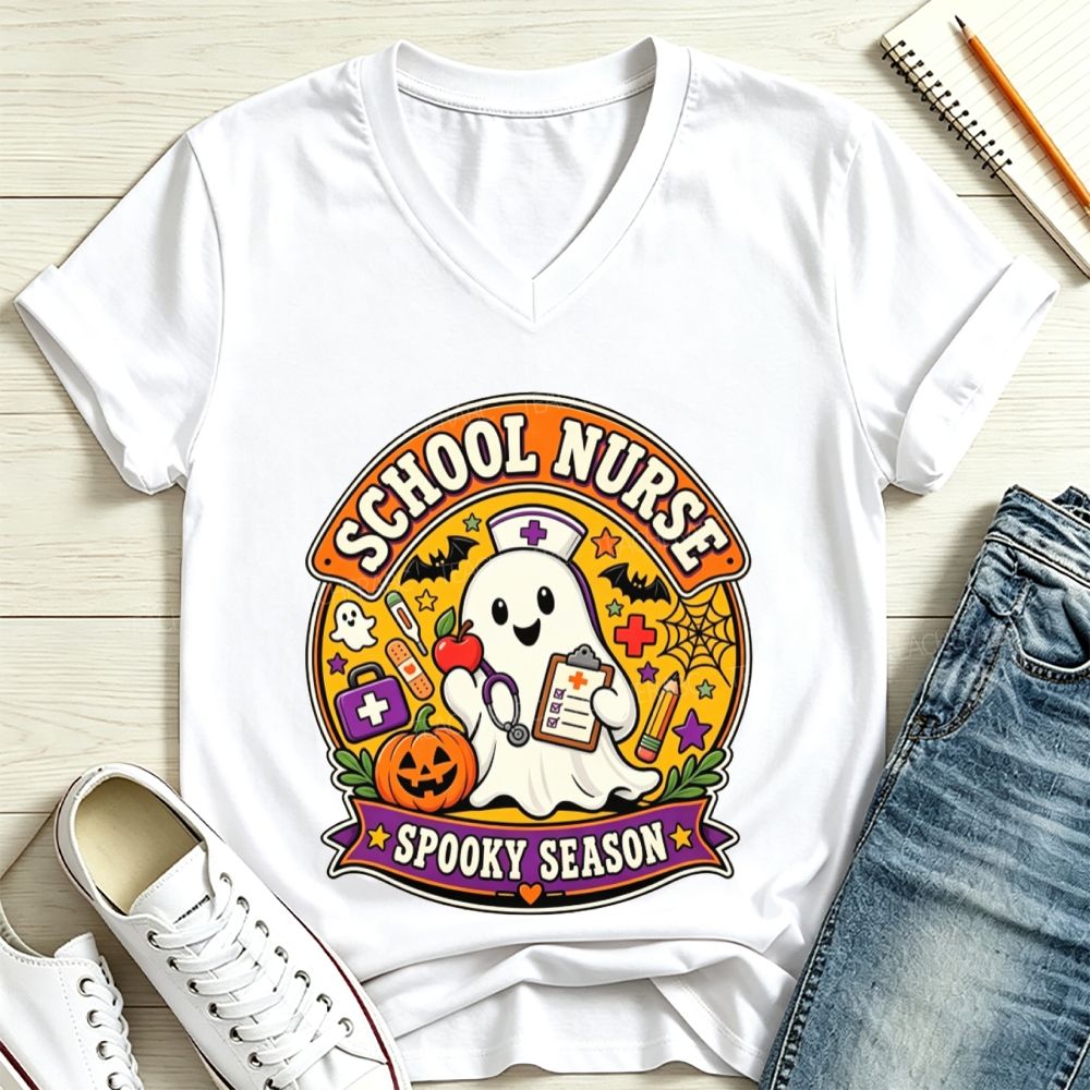 School Nurse Spooky Season Ghost Halloween V Neck T-shirt