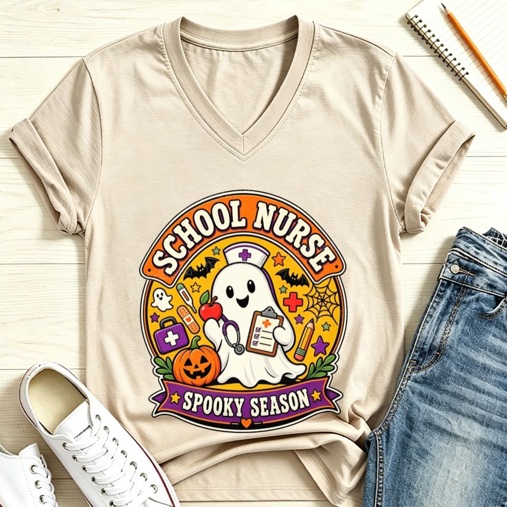 School Nurse Spooky Season Ghost Halloween V Neck T-shirt
