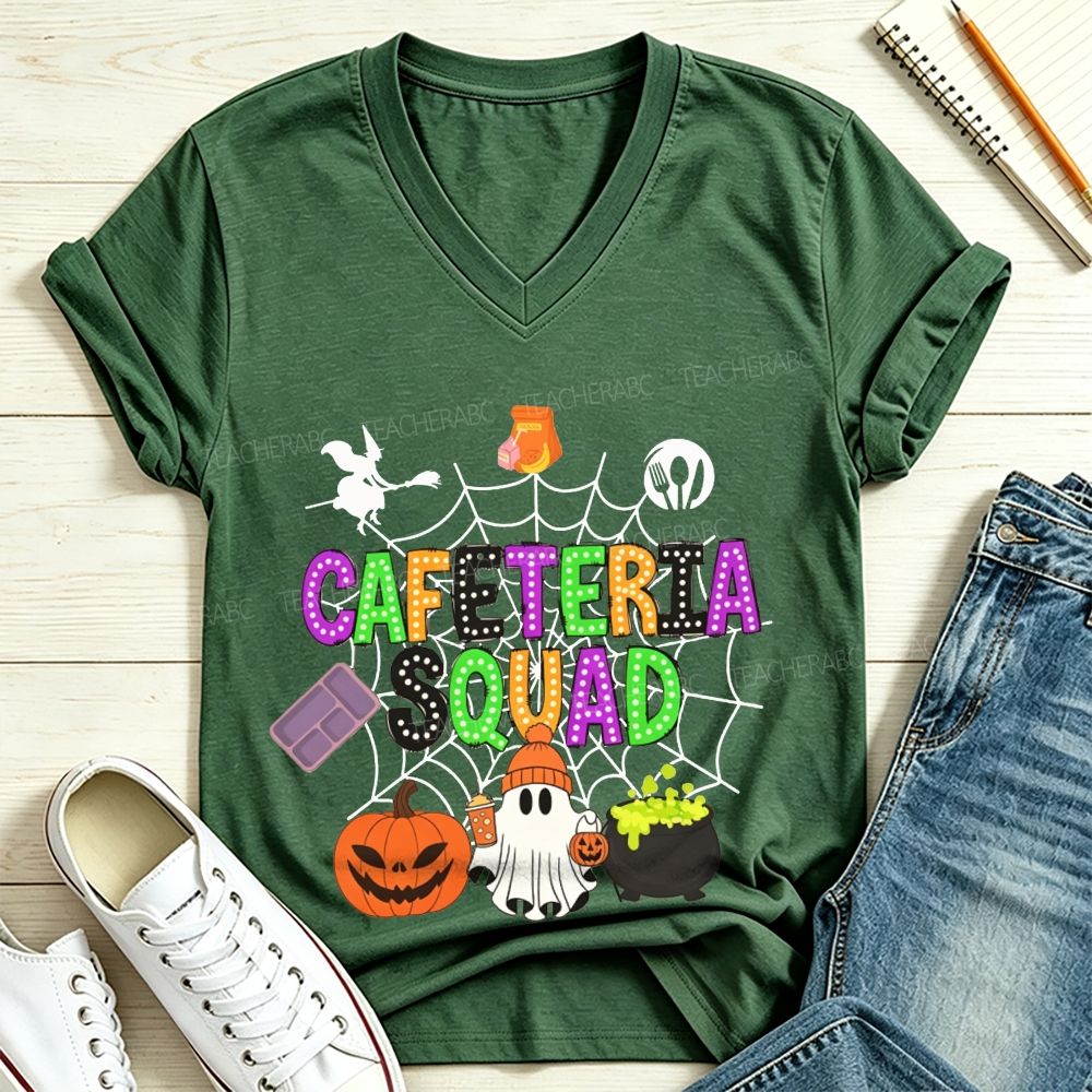 Cafeteria Squad Halloween Ghost Pumpkin Witch Web V Neck T-shirt